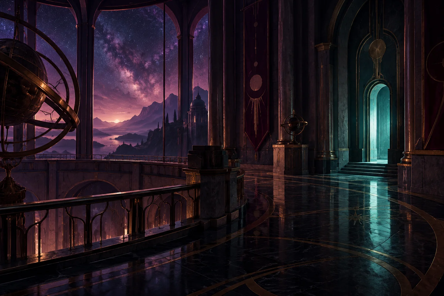 Tyhjä art deco -observatorion käytävä ja yksi turkoosina valaistu ovi.