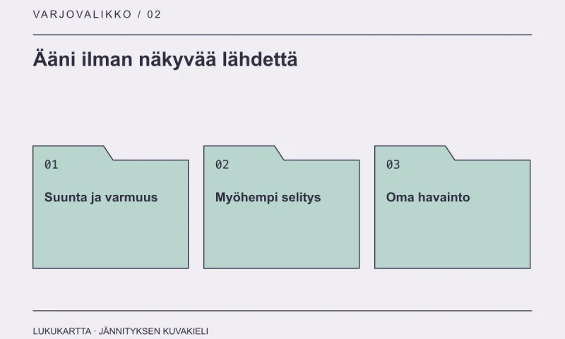 Lukukartta: Ääni ilman näkyvää lähdettä. Suunta ja varmuus, Myöhempi selitys, Oma havainto.