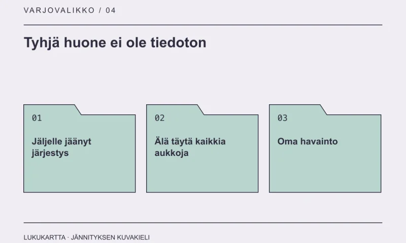 Lukukartta: Tyhjä huone ei ole tiedoton. Jäljelle jäänyt järjestys, Älä täytä kaikkia aukkoja, Oma havainto.